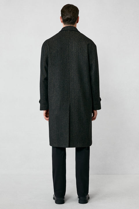 Medium Brown Oversize Extra Relaxed Fit Patterned Wool Coat with Epaulets and Pockets