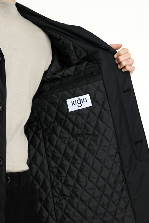 Black Buttoned Quilted Overcoat & Trench Coat
