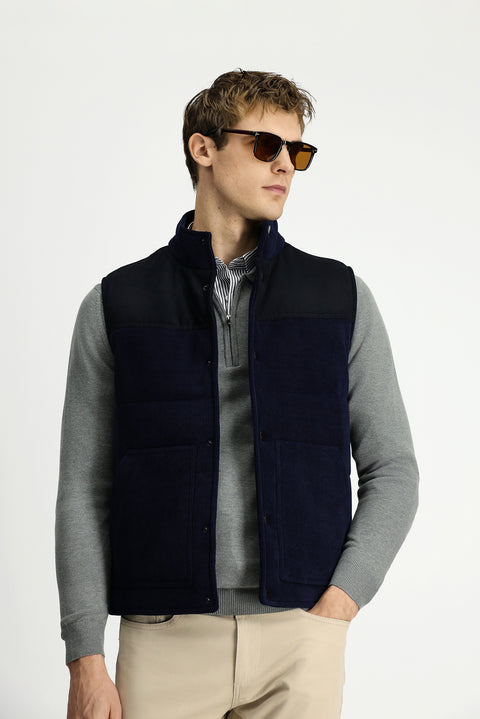 Dark Navy High-Neck Snap Button Velvet Sports Vest