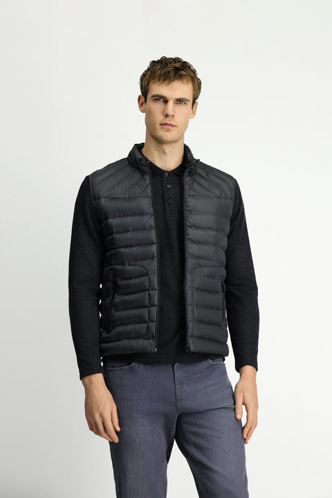 Mid Anthracite Slim Fit Stand Collar Zippered Quilted Sports Vest