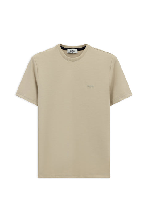 Light Beige Crew Neck Regular Fit Embroidered Lycra Stretch T-Shirt