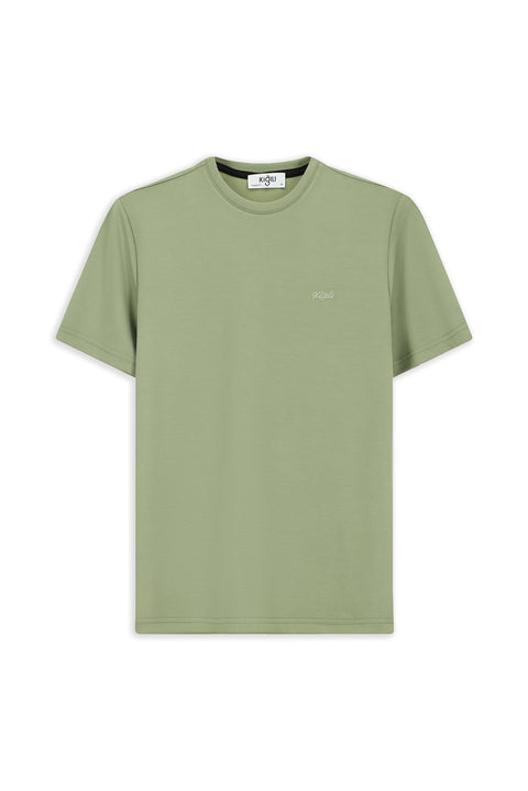 Light Khaki Crew Neck Regular Fit Embroidered Lycra Stretch T-Shirt