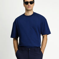 Medium Navy Crew Neck Oversize Extra Relaxed Fit Cotton T-Shirt