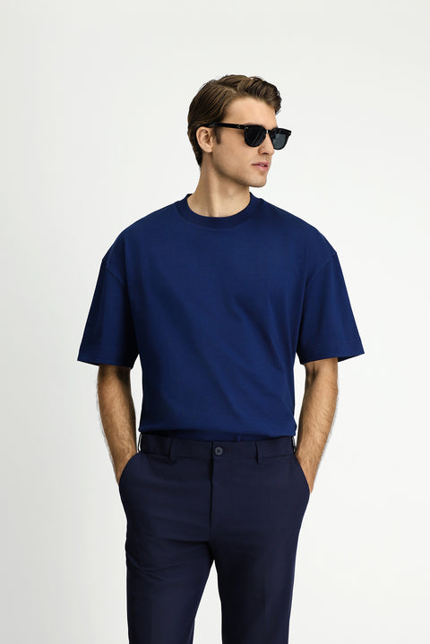 Medium Navy Crew Neck Oversize Extra Relaxed Fit Cotton T-Shirt