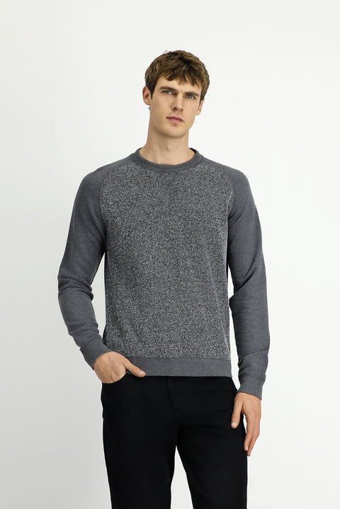Orta Füme Bisiklet Yaka Regular Fit Desenli Pamuklu Sweatshirt