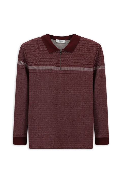 Dark Burgundy Polo Collar Regular Fit Patterned Zip-Up Sweatshirt