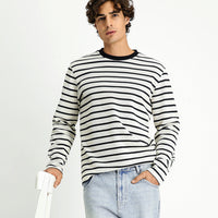 Ekru Bisiklet Yaka Regular Fit Çizgili Sweatshirt