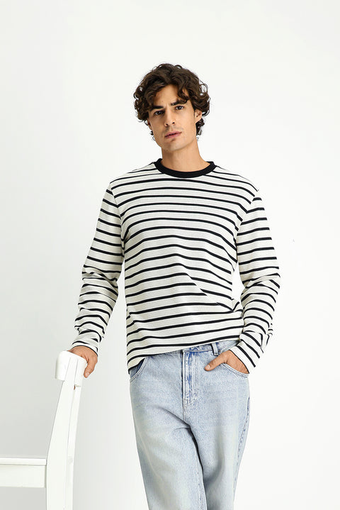 Ekru Bisiklet Yaka Regular Fit Çizgili Sweatshirt