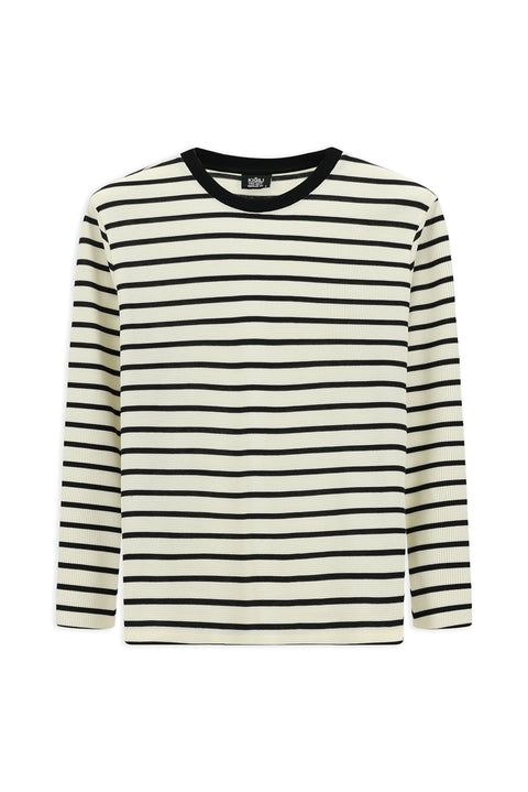 Ekru Bisiklet Yaka Regular Fit Çizgili Sweatshirt