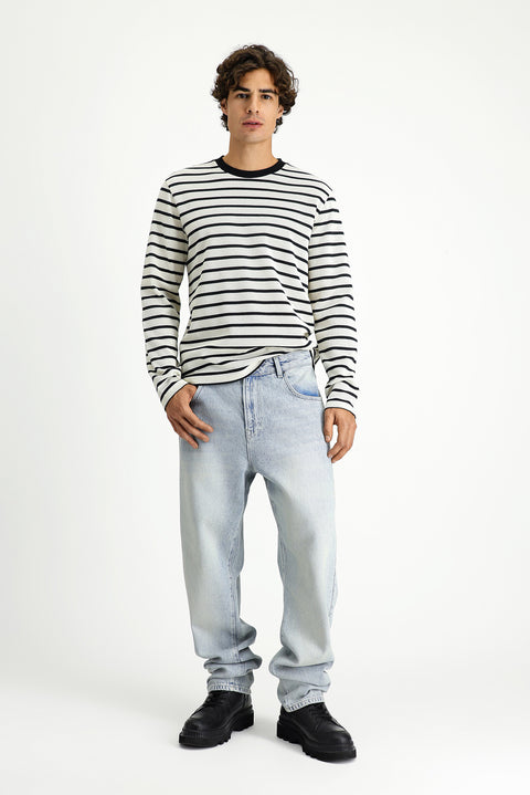 Ekru Bisiklet Yaka Regular Fit Çizgili Sweatshirt