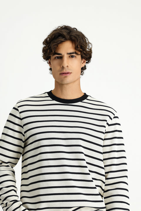 Ekru Bisiklet Yaka Regular Fit Çizgili Sweatshirt