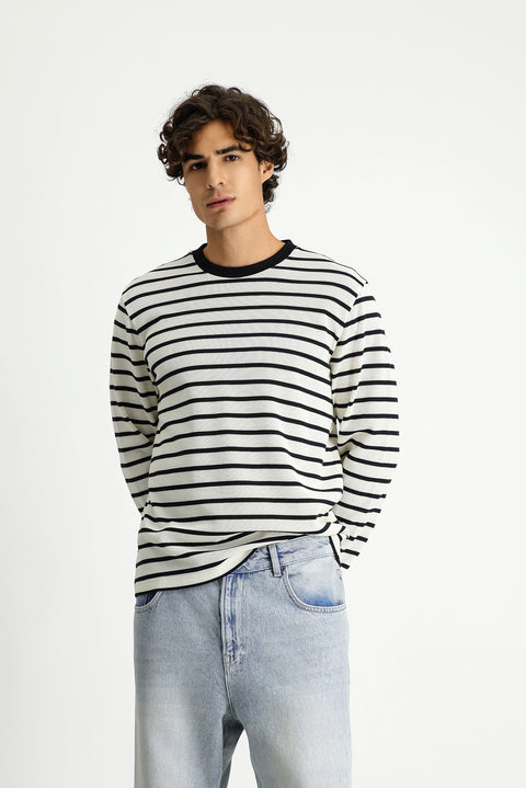 Ekru Bisiklet Yaka Regular Fit Çizgili Sweatshirt