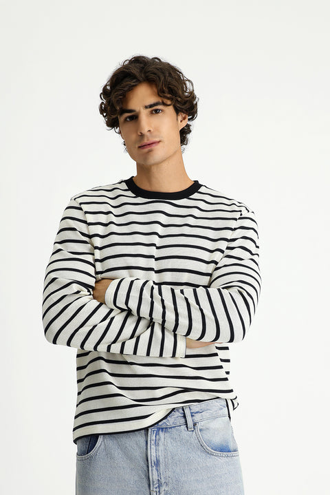 Ekru Bisiklet Yaka Regular Fit Çizgili Sweatshirt