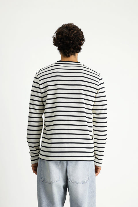 Ekru Bisiklet Yaka Regular Fit Çizgili Sweatshirt