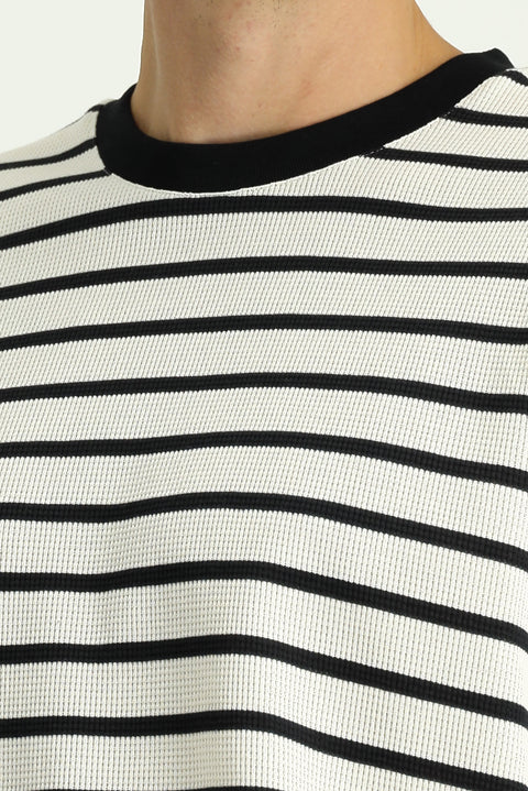 Ekru Bisiklet Yaka Regular Fit Çizgili Sweatshirt