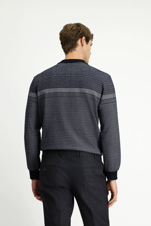 Medium Navy Polo Collar Regular Fit Striped Sweatshirt