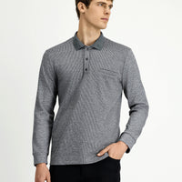 Medium Grey Melange Polo Collar Regular Fit Patterned Cotton Sweatshirt