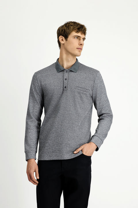 Medium Grey Melange Polo Collar Regular Fit Patterned Cotton Sweatshirt