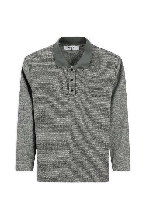 Medium Grey Melange Polo Collar Regular Fit Patterned Cotton Sweatshirt