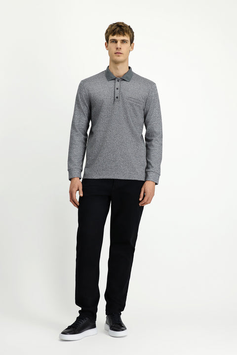 Medium Grey Melange Polo Collar Regular Fit Patterned Cotton Sweatshirt