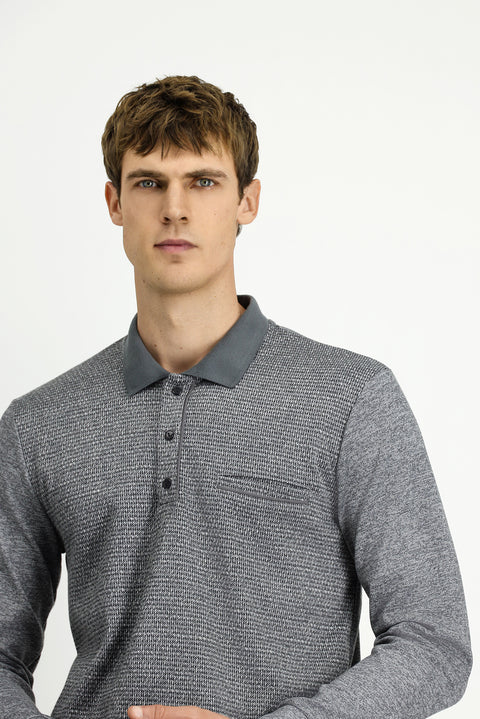 Medium Grey Melange Polo Collar Regular Fit Patterned Cotton Sweatshirt