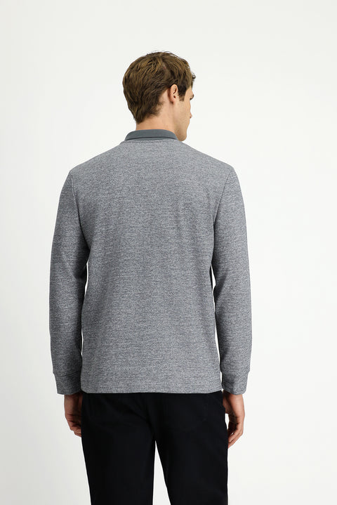 Medium Grey Melange Polo Collar Regular Fit Patterned Cotton Sweatshirt