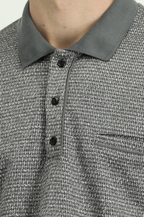 Medium Grey Melange Polo Collar Regular Fit Patterned Cotton Sweatshirt