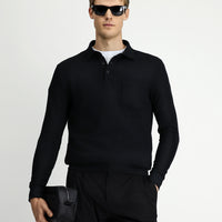 Siyah Polo Yaka Regular Fit Desenli Cepli Pamuk Sweatshirt