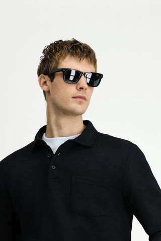  Siyah Polo Yaka Regular Fit Desenli Cepli Pamuk Sweatshirt