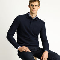 Dark Navy Polo Collar Regular Fit Patterned Cotton Sweatshirt with Pockets