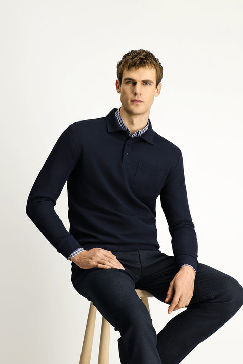 Dark Navy Polo Collar Regular Fit Patterned Cotton Sweatshirt with Pockets