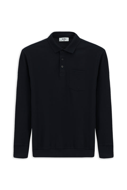 Dark Navy Polo Collar Regular Fit Patterned Cotton Sweatshirt with Pockets