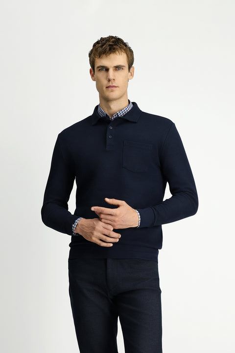 Dark Navy Polo Collar Regular Fit Patterned Cotton Sweatshirt with Pockets