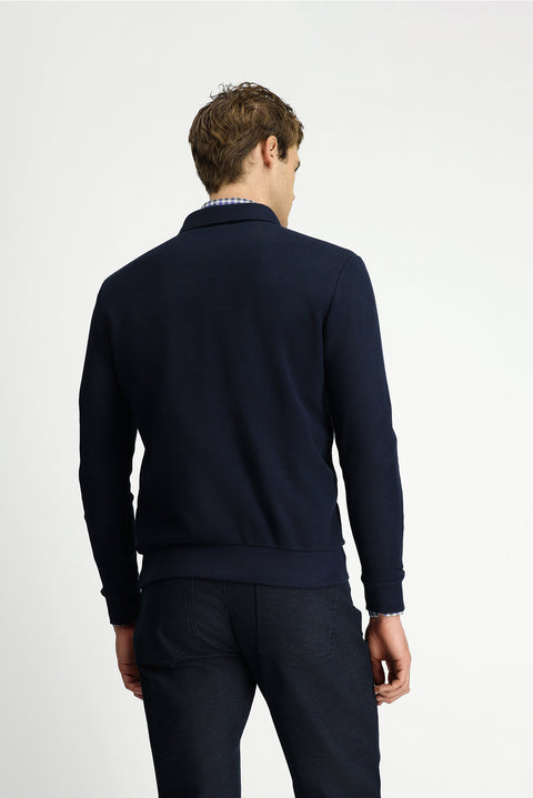 Dark Navy Polo Collar Regular Fit Patterned Cotton Sweatshirt with Pockets