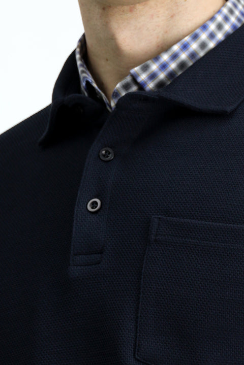 Dark Navy Polo Collar Regular Fit Patterned Cotton Sweatshirt with Pockets
