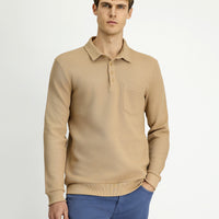 Medium Beige Polo Collar Regular Fit Patterned Pocket Cotton Sweatshirt
