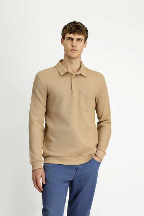 Medium Beige Polo Collar Regular Fit Patterned Pocket Cotton Sweatshirt
