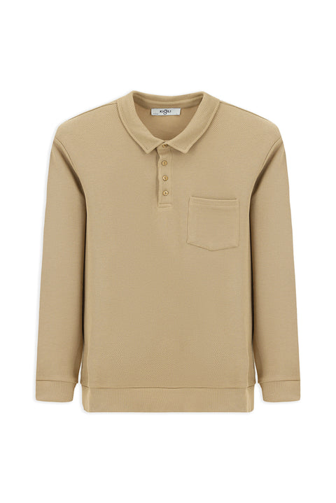 Medium Beige Polo Collar Regular Fit Patterned Pocket Cotton Sweatshirt