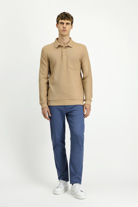 Medium Beige Polo Collar Regular Fit Patterned Pocket Cotton Sweatshirt