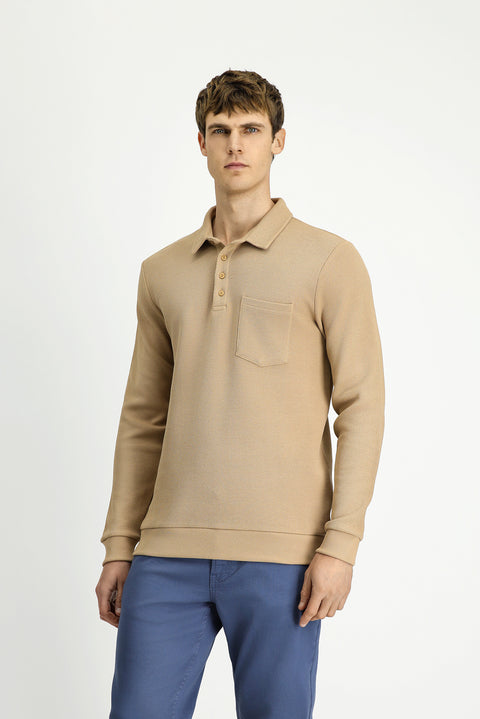 Medium Beige Polo Collar Regular Fit Patterned Pocket Cotton Sweatshirt