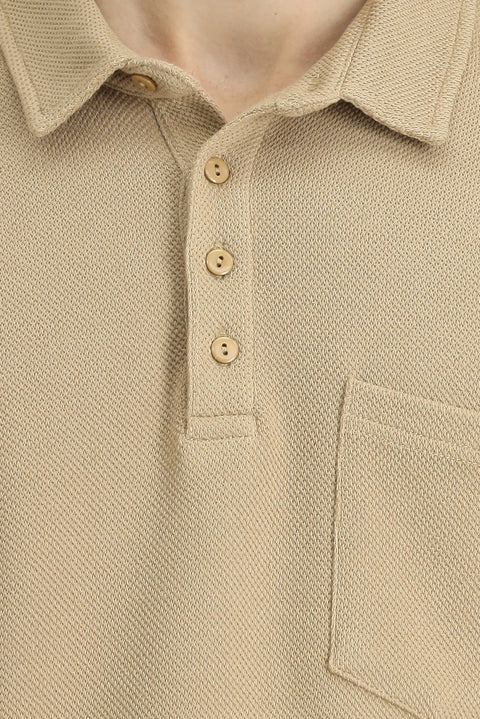 Medium Beige Polo Collar Regular Fit Patterned Pocket Cotton Sweatshirt