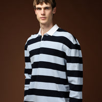 Light Blue Polo Collar Oversize Extra Relaxed Fit Striped Cotton Sweatshirt