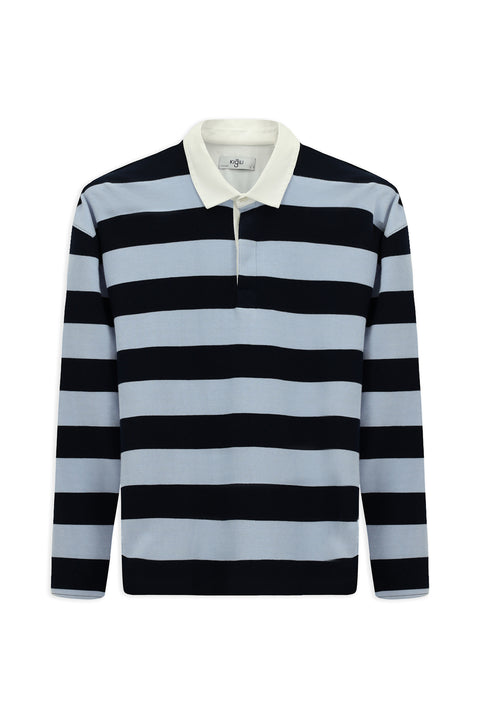 Light Blue Polo Collar Oversize Extra Relaxed Fit Striped Cotton Sweatshirt