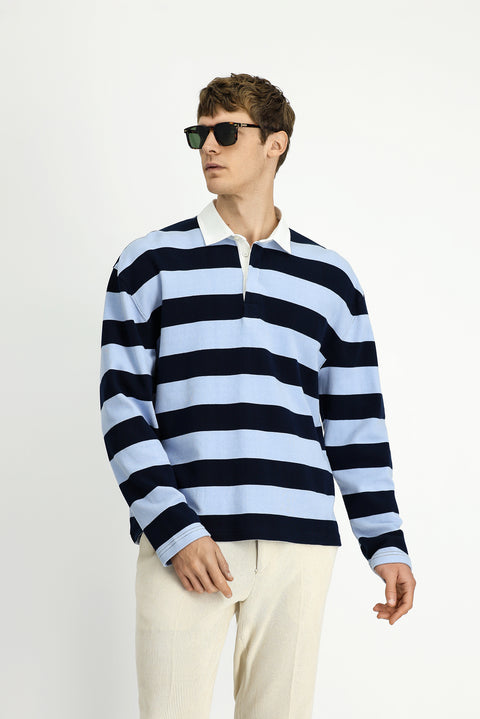Light Blue Polo Collar Oversize Extra Relaxed Fit Striped Cotton Sweatshirt