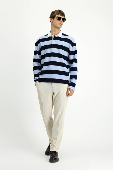 Light Blue Polo Collar Oversize Extra Relaxed Fit Striped Cotton Sweatshirt