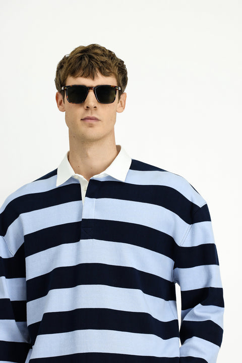 Light Blue Polo Collar Oversize Extra Relaxed Fit Striped Cotton Sweatshirt