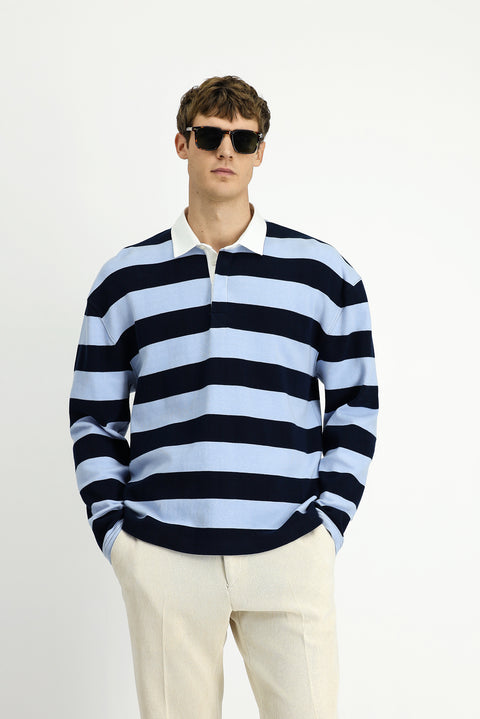 Light Blue Polo Collar Oversize Extra Relaxed Fit Striped Cotton Sweatshirt