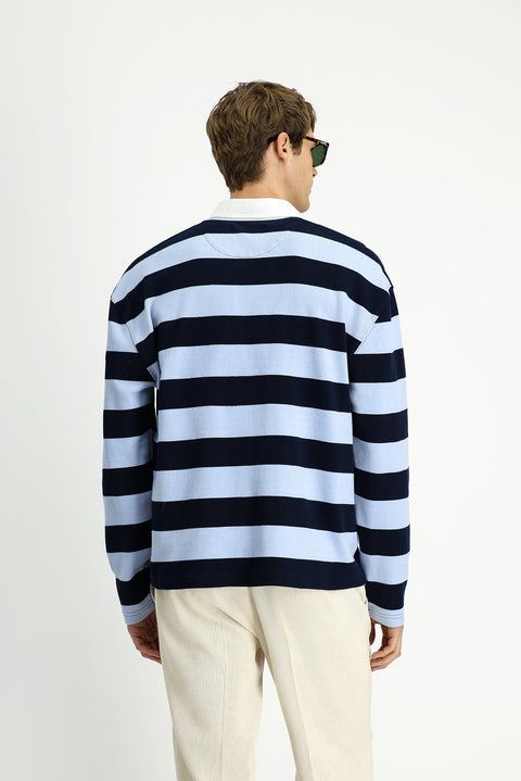 Light Blue Polo Collar Oversize Extra Relaxed Fit Striped Cotton Sweatshirt
