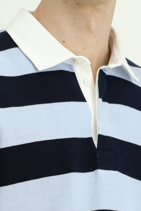 Light Blue Polo Collar Oversize Extra Relaxed Fit Striped Cotton Sweatshirt