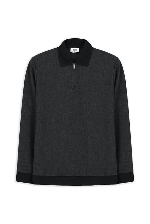 Black Polo Collar Regular Fit Patterned Zip-Up Cotton Sweatshirt